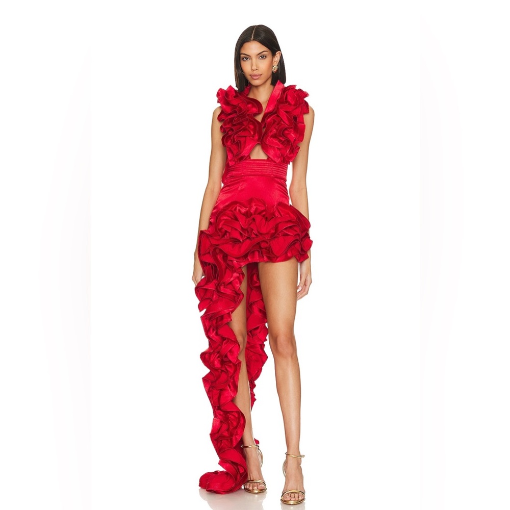 Bronx and Banco - Aurora Gown in Red - Red Asymmetrical Ruffled Cocktail Dress S